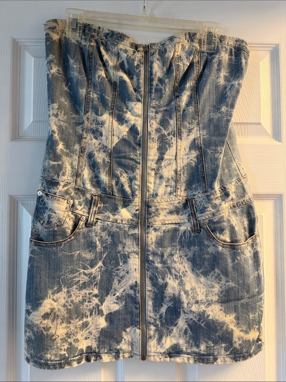 ICONIC Tie-Dye Denim Strapless Mini Dress with Front Zip